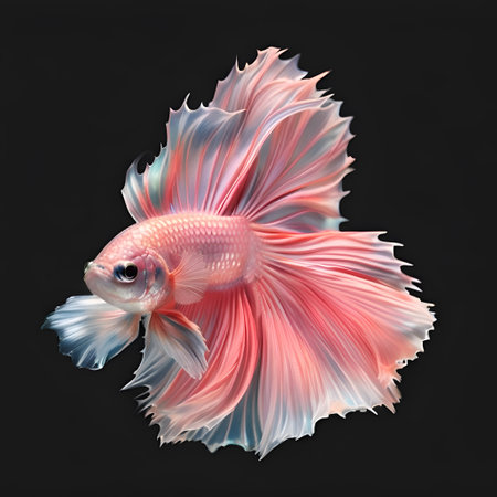 amazing bright peach fuzz color Betta fish male posing against black background. close up. studio shot. AI generatedの素材