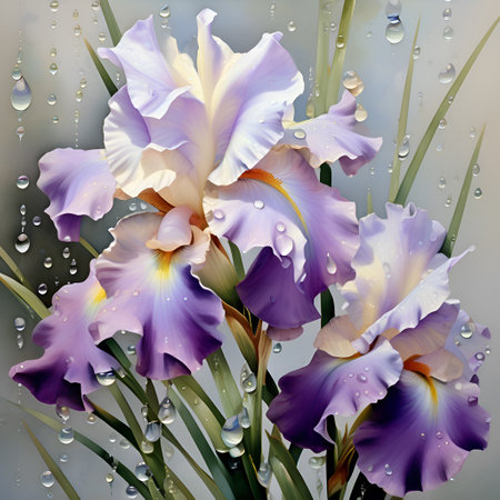art with lavender irises flower with water drops against abstract background. close up. paint watercolor style. AI generatedの素材
