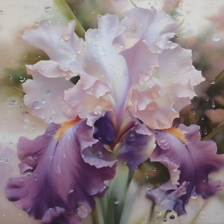 art with incredible iris flower soft lavender color with water drops against abstract background. close up. paint watercolor style. AI generatedの素材