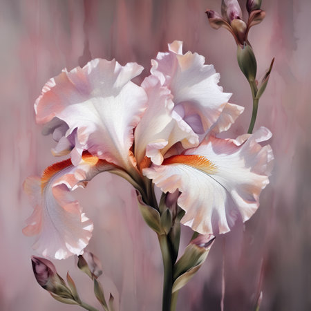 beautiful art with white peach fuzz-pink iris flower against pink abstract background. close up. paint watercolor style. Ai genaratedの素材