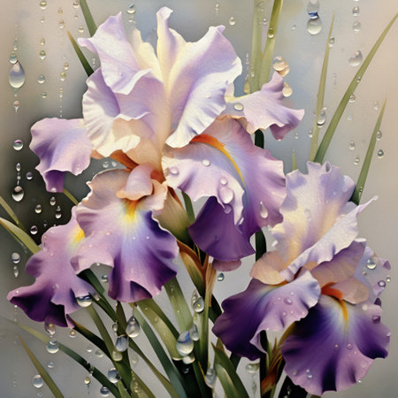 art with incredible irises flower soft lavender color with water drops against abstract background. close up. paint watercolor style. AI generatedの素材