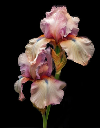 beautiful colorful irises flowers against black background. paint watercolor style. Ai genaratedの素材