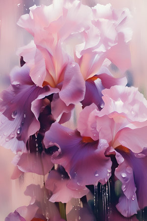 beautiful art with soft lavender pink irises flowers against pink abstract background. close up. paint watercolor style. Ai genaratedの素材