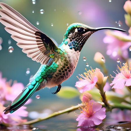beautiful colorful hummingbird flying near pink flower against colorful background. close up. dreaming imagination concept. AI generatedの素材
