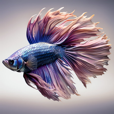 amazing bright purple peach fuzz color Betta fish male with long tail and fins posing against gray background. close up. studio shot. AI generatedの素材