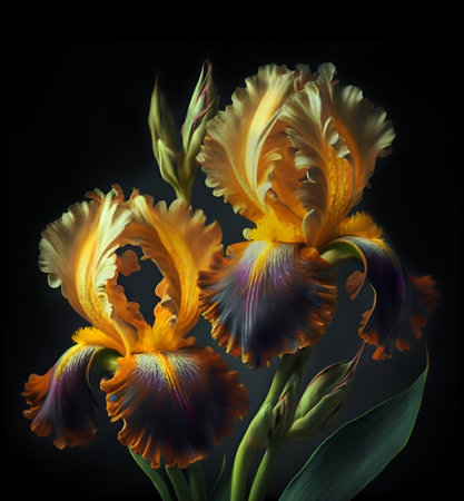 beautiful art couple of yellow iris flowers against dark background. close up. paint style. AI generatedの素材