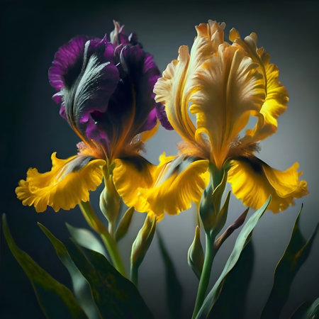 beautiful art couple of purple-yellow iris flowers against dark background. close up. paint style. AI generatedの素材