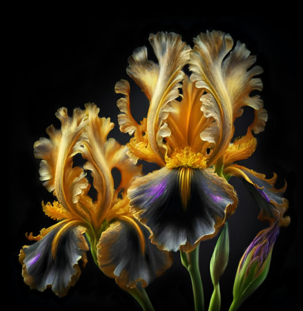beautiful art couple of yellow iris flowers against dark background. close up. paint style. AI generatedの素材