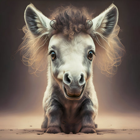 cutest adorable pony baby against gray gradient background. Digital artwork. AI generatedの素材