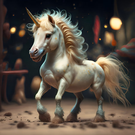 cutest adorable emotional Unicorn baby against night miracle background. Digital artwork. AI generatedの素材