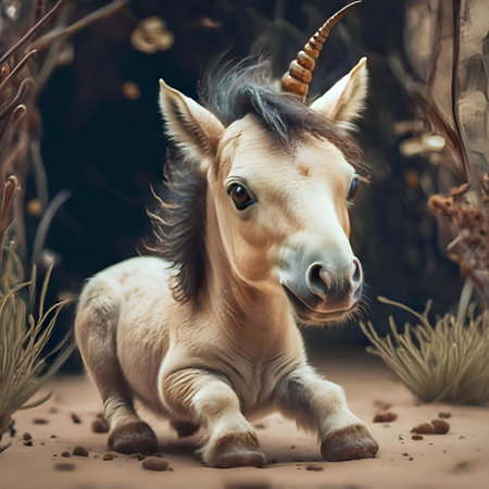 cutest adorable Unicorn baby around forest background. Digital artwork. AI generatedの素材