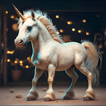 cute adorable Unicorn baby against night miracle background. Digital artwork. AI generatedの素材
