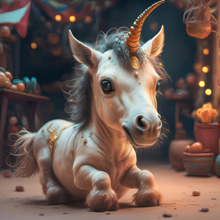 cutest adorable Unicorn baby around domestic background. Digital artwork. AI generatedの素材