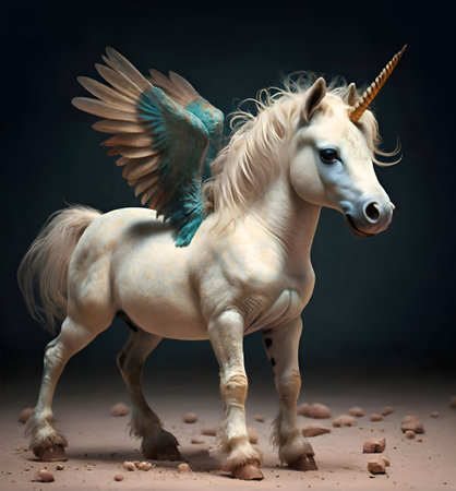 cute adorable Unicorn-Pegusus baby against night miracle background. Digital artwork. AI generatedの素材