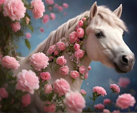 portrait of amazing beautiful white horse jewelred by roses flowers around pink roses against blue background. AI generatedの素材
