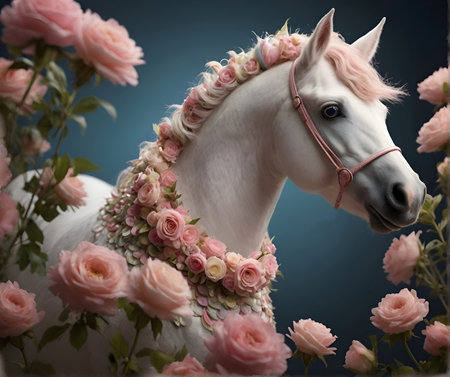portrait of amazing beautiful white horse jewelred by roses flowers around pink roses against blue background. AI generatedの素材