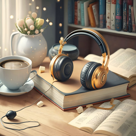 podcast and life style concept. headphones putting on books at table. AI generatedの素材