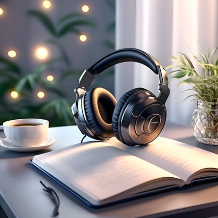 podcast and life style concept. headphones putting on books at table. AI generatedの素材