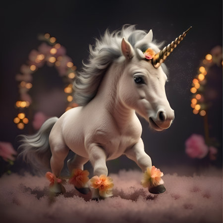 cutest adorable emotional Unicorn baby against lights background. Digital artwork. AI generatedの素材