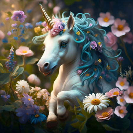 cutest adorable running Unicorn baby with long blue mane. Digital artwork. AI generatedの素材