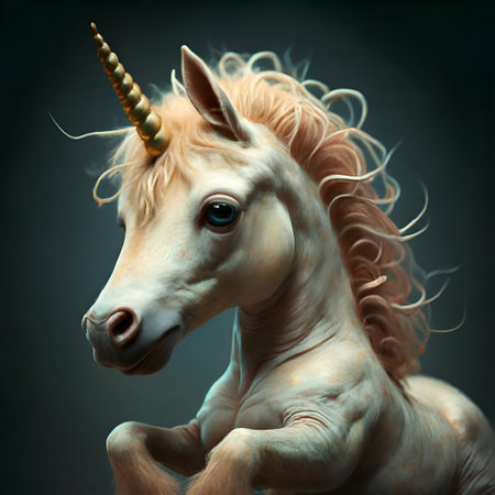 portrait of the cutest adorable Unicorn baby with golden horn running against cyan background. Digital artwork. AI generatedの素材