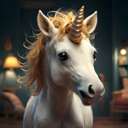 portrait of the cutest adorable Unicorn baby with golden horn and mane posing against domestic background. Digital artwork. AI generatedの素材