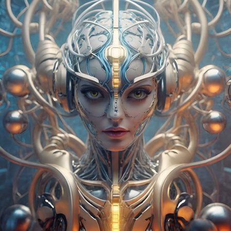 visual concept of Artificial intelligence as beautiful girl, Ai digital brains against gray background. machine learning and technology background.Ai generated.の素材