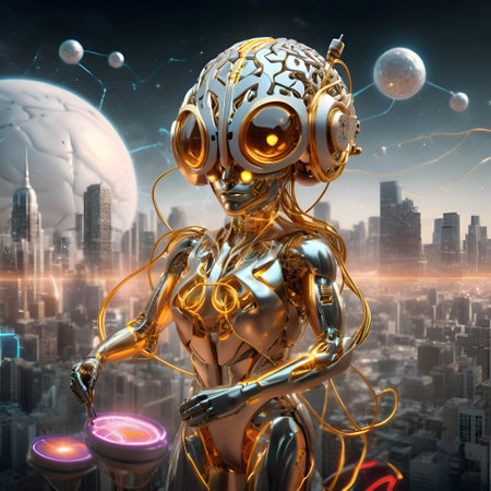 visual concept of Artificial intelligence background as golden robot. machine learning and technology background. AI generated.の素材