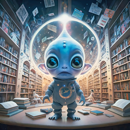 funny cute blue alien baby have learning, reading books in huge virtual library. AI generatedの素材