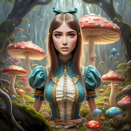 Alice in the wonderland forest around mushrooms. close up. AI generatedの素材