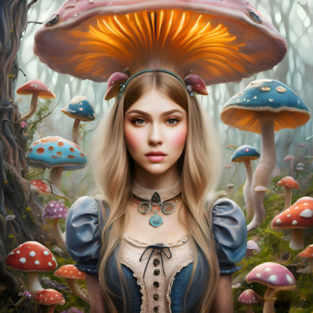 Alice in the wonderland forest around mushrooms. close up. AI generatedの素材