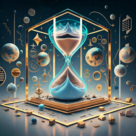 virtual conceptual sandglass around universe as time and space concept. timing and lifestyle concept. AI generatedの素材
