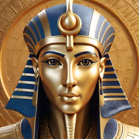 beautiful golden face of Paraoh in head dress. Egyptian mythology. digital art. AI generatedの素材