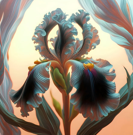 beautiful art black-grey iris flower against soft pale background. Digital artwork. close up. paint style. Ai genaratedの素材