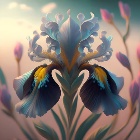 beautiful art blue colorful iris flower against soft pale background. Digital artwork. close up. paint style. Ai genaratedの素材