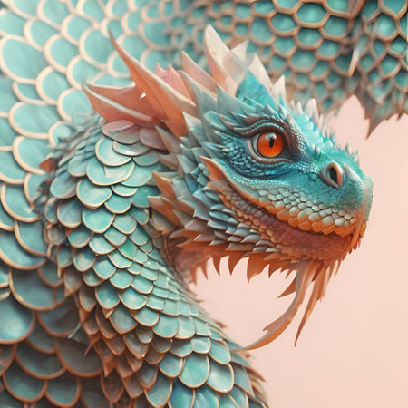 portrait of beautiful pale pink- turquoise dragon against abstract dragon scales background. close up. Fantasy concept. AI generated artworkの素材