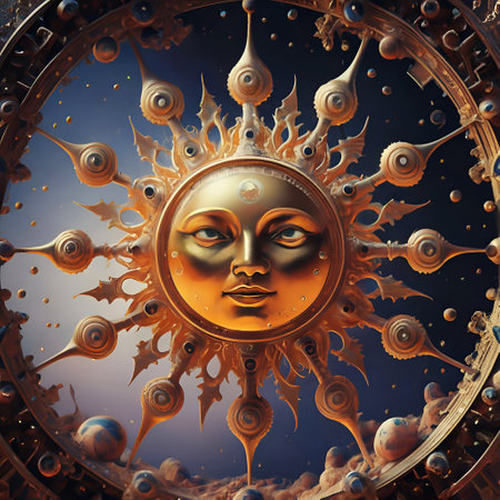 The sun golden symbol against cosmos background. Digital artwork. AI generatedの素材