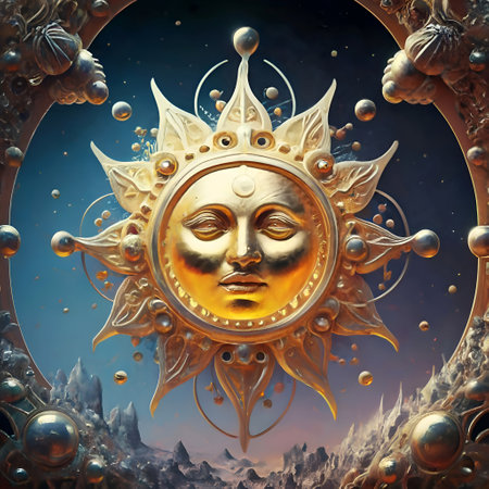 The sun golden symbol against cosmos background. Digital artwork. AI generatedの素材
