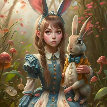 little girl Alice with rabbit in wanderland forest. close up. digital artwork. painting style. AI generatedの素材