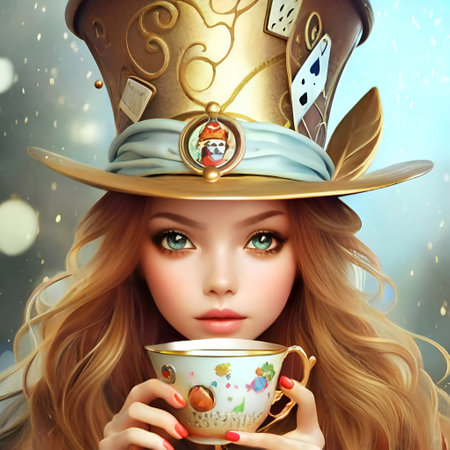 wonderland's little girl Alice dressed in big fashinable hat. close up. digital artwork. painting style. AI generatedの素材