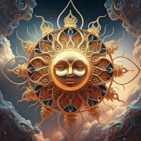 The sun golden symbol against heavens background. Digital artwork. AI generatedの素材