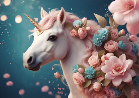 portrait of amazing beautiful white Unicorn jewelred by roses flowers around pink roses against blue background. AI generatedの素材