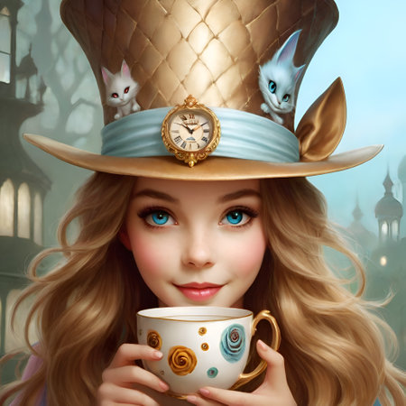 little girl Alice dressed in fashionable hat from wonderland holding tea cup. close up. AI generatedの素材