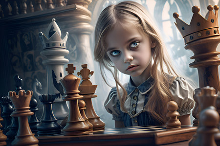 little girl Alice from wonderland around chess figure. close up. AI generatedの素材