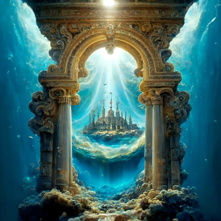 Imaging Construction with columns of lost Atlantida world around ocean water. Lost ancient civilization. Digital artwork in painting style. AI generatedの素材