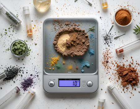 electronic scales with different colorful powders in perfume laboratory. ai generatedの素材