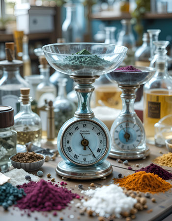 scales with different colorful powders in perfume laboratory. ai generatedの素材