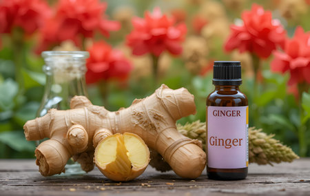 ginger essential oil bottles against blossoming garden. AI generatedの素材
