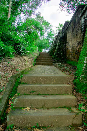 stairs covered by grass in behind Tomb of the Imogiri Kings on yogyakartaの写真素材