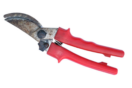 Garden secateurs with red plastic handles on a white background. Metal pruner for pruning trees...